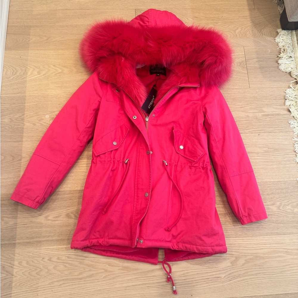 Girls' Hot Pink Hooded Puffer Parka with Faux Fur Trim